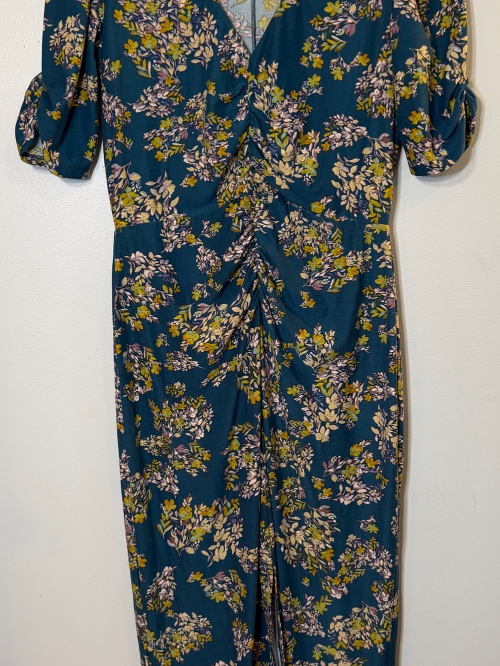 Charles Henry floral ruched midi dress dark teal blue large Vneck ruched slit